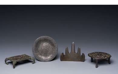 A group of four Chinese bronze scholarâ s desk objects, Shi...
