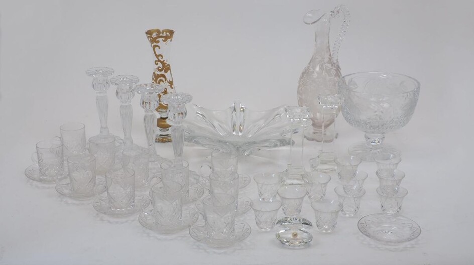 A group of glassware, to include; a Moser style gold filigree candle holder, clear polished glass, hand decorated, 26cm high, Crystal Bacarrat Stella Starfish Centrepiece, clear polished glass, mark acid etched to underside, 34.5cm across from...