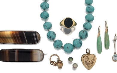 A group of jewellery comprising: a pair of aquamarine and pearl drop earrings, mounts stamped 15ct, approx. length 3.7cm; a pair of jadeite jade drop earrings, approx. length 4cm; a graduated turquoise bead necklace, approx. length 55.5cm; a signet...
