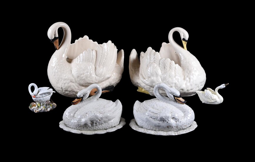 A group of pottery and porcelain swans