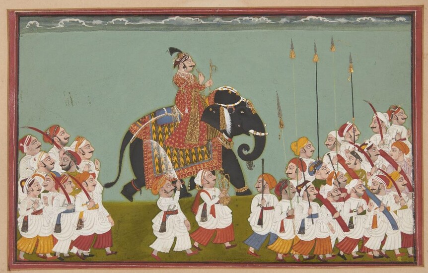A large painting of a processional scene, Udaipur, Rajasthan, India, circa 1750, opaque pigments heighted with gold and silver on paper, the ruler wearing resplendent red robes with a gold sash and pearls and mounted on an elephant with a highly...