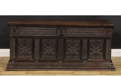 A late 17th century Flemish oak blanket chest, hinged top en...