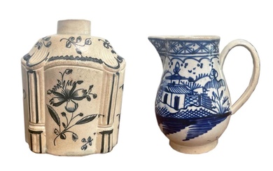 A late 18th century pearlware tea canister and a sparrowbeak cream jug