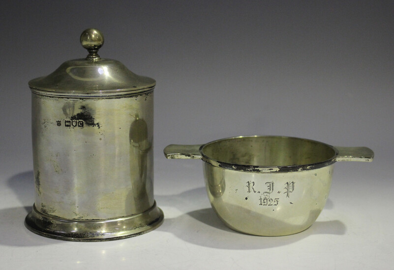 A late Victorian silver cylindrical jar and cover with ball finial, the side initial engraved, Londo