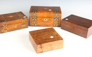 A late Victorian walnut workbox, inlaid with geometric bands, width 26cm, together with three other
