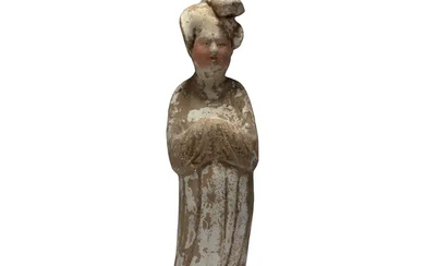A painted pottery figure of a court lady Tang dynasty Her hair...