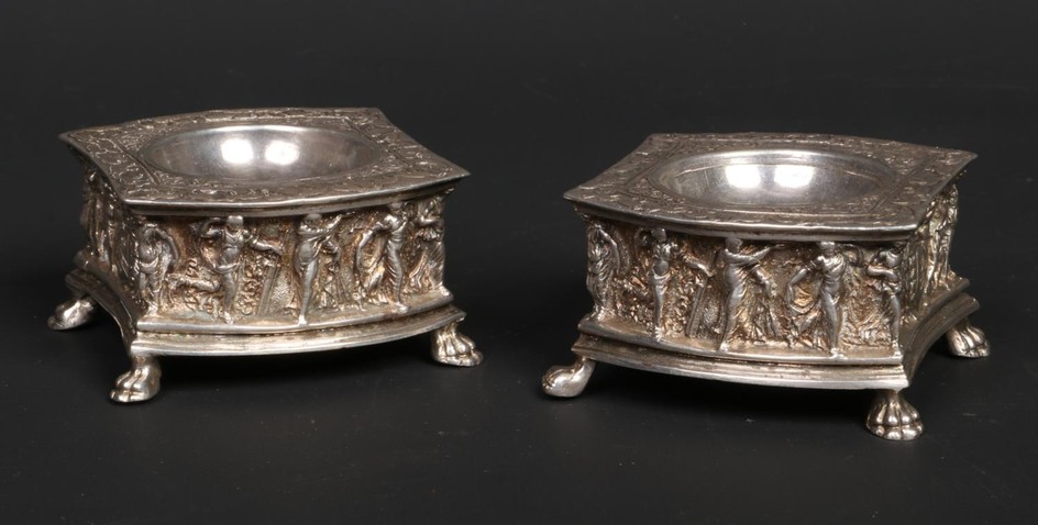 A pair of 19th century Continental cast silver armorial salt...