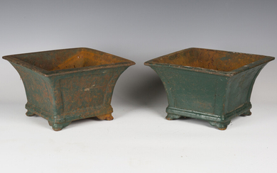 A pair of 20th century green painted cast iron garden urns of waisted square section, height 17cm, w