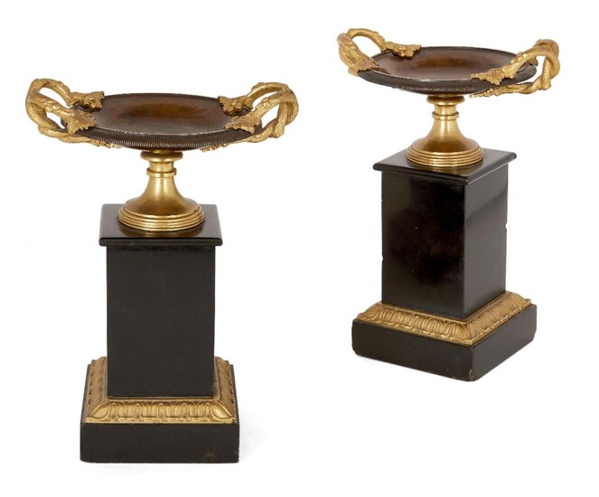 A pair of French gilt and patinated bronze tazze, late 19th century, each with naturalistic vine twin handles, on black marble pedestal bases, 24.5cm high (2)