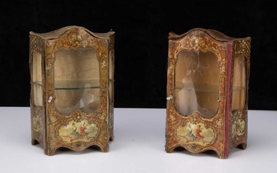 A pair of French lithographed tinplate and wooden doll’s display cabinets