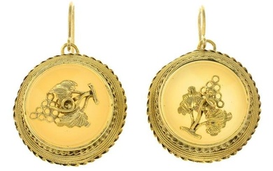 A pair of agate drop earrings, each depicting a grape motif.