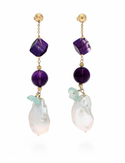 NOT SOLD. A pair of ear pendants each set with amethysts, aquamarine and a baroque...