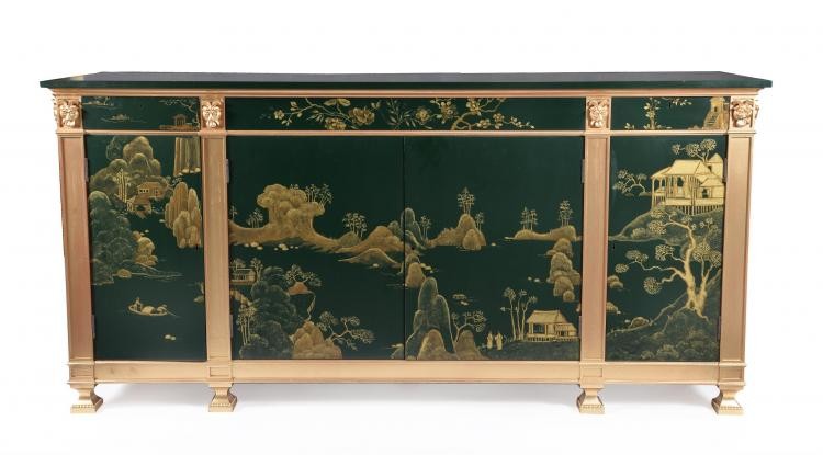 A pair of green lacquered and gilt Chinoiserie decorated side cabinets