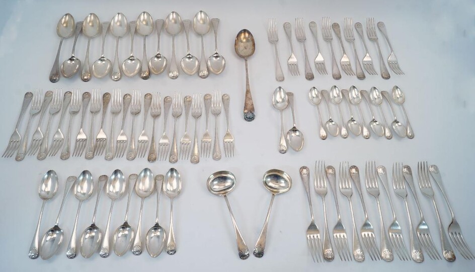 A part service of silver plated flatware, by James Dixon & Sons, retailed by Harrods, London, comprising: twelve tablespoons; twenty-one table forks; eleven dessert spoons; twenty-one dessert forks; nine teaspoons; two sauce ladles; and one serving...