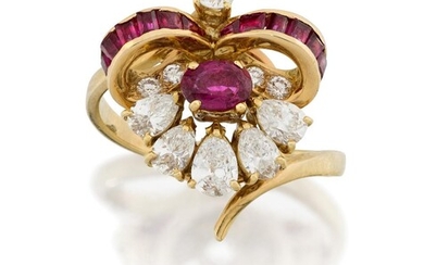 A ruby and diamond ring, of abstract cluster design, set with a ruby and pear-shaped diamond flowerhead cluster with diamond and calibre ruby ribbon detail, hoop stamped 750, approx. ring size M (VAT charged on hammer price)