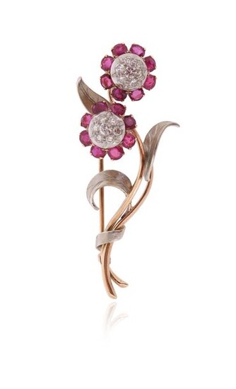 A ruby and diamond-set convertible gold brooch, the flowerheads set...
