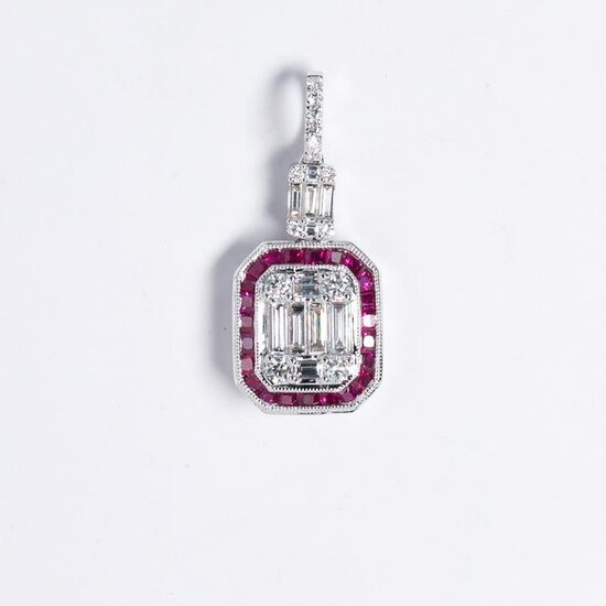A ruby, diamond and eighteen karat white gold pendant