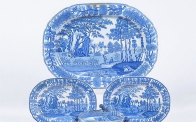 A selection of Davenport blue and white printed pearlware 'Tudor Mansion' pattern dinner wares