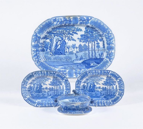 A selection of Davenport blue and white printed pearlware 'Tudor Mansion' pattern dinner wares