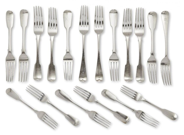 A set of seven Victorian silver table forks and five dessert forks, London, c.1834, James Beebe, of fiddle pattern design with monograms to reverse of terminals, together with three Victorian silver old pattern table forks, and three further fiddle...