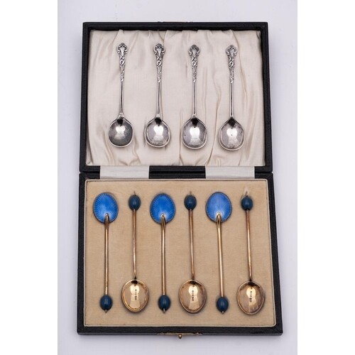 A set of six George V silver and enamelled coffee spoons, ma...