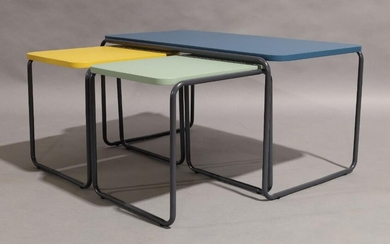 A set of three contemporary nesting tables, each with rounded rectangular tops in blue, yellow and teal finishes, on powder coated metal tubular supports, larger table - 44cm high, 904cm wide, 49cm deep, smaller table - 41cm high, 43cm wide, 40cm...