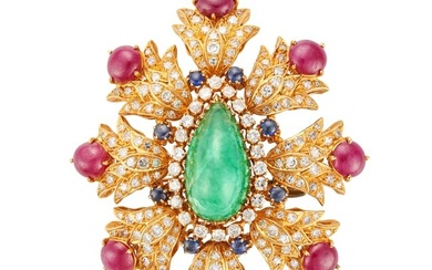 AN EMERALD, RUBY, SAPPHIRE AND DIAMOND BROOCH / PENDANT set with a pear shaped cabochon emerald o...
