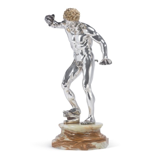 AN ITALIAN PARCEL-GILT SILVER AND ENAMEL FIGURE OF THE DANCING FAUN ON HARDSTONE BASE, 20TH CENTURY