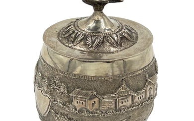 AN UNUSUAL SMALL SILVER LIDDED CONTAINER, POSSIBLY BURMESE, CIRCA...