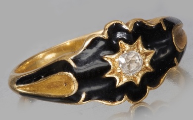 ANTIQUE ENAMEL AND DIAMOND RING, High carat gold. Bright and...