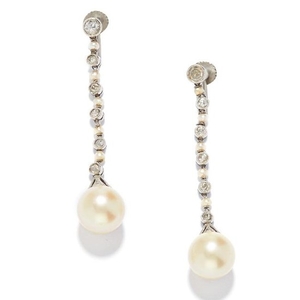 ANTIQUE PEARL AND DIAMOND EARRINGS in white gold or