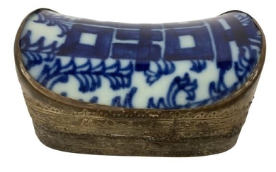 ASIAN SILVER BOX W/ BLUE AND WHITE PORCELAIN LID