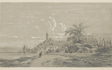 AUGUSTE BORGET (ISSOUDUN 1808-1877 BOURGES), Quatre paysages chinois : Jonques sur un fleuve, L'arrivée au port, Déchargement sur la côte et Travailleurs sur la plage