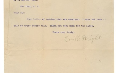 [AVIATION]. WRIGHT, Orville (1871-1948). Typed letter signe...