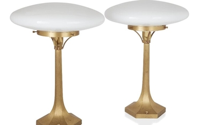 After a Design by Josef Hoffman, Pair of table lamps, circa 1980, Brass, white glass, electrical fittings, Each 41cm high It is the buyer's responsibility to ensure that electrical items are professionally rewired for use.