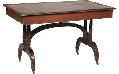 American Classical Walnut Curule Library Table, early 19th c., the moulded top, two hidden frieze