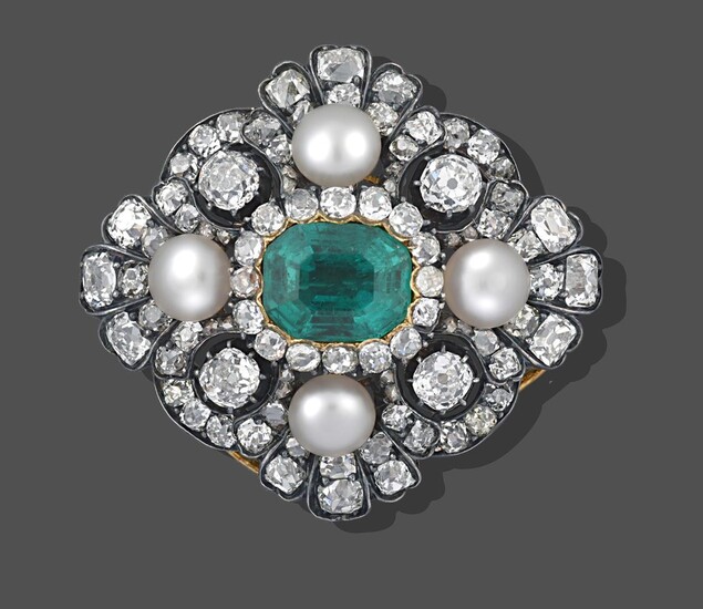 An Emerald, Pearl and Diamond Brooch, the emerald-cut emerald within a border of cushion cut...