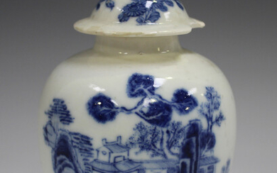 An English blue and white soft paste porcelain tea caddy and cover, mid-18th century, of ovoid form