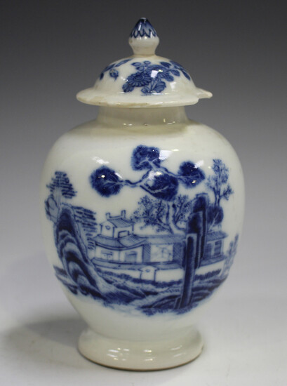 An English blue and white soft paste porcelain tea caddy and cover, mid-18th century, of ovoid form