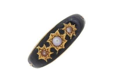 An early 20th century 18ct gold enamel and split pearl mourning ring