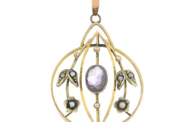 An early 20th century 9ct gold amethyst and split pearl floral openwork pendant.