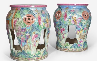 An unusual pair of Chinese export porcelain famille rose-decorated garden stools, first half 19th