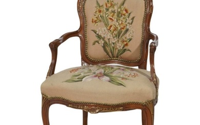 Antique French Rococo Style Parcel Gilt Mahogany, Tapestry Bergere Chair C1920