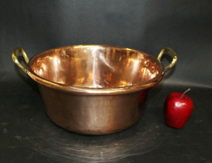 Antique French polished copper pot with bronze handles