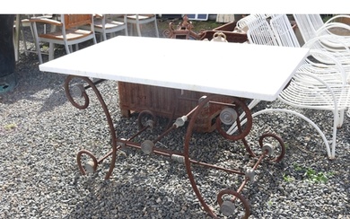 Antique French scrolling iron & marble topped butchers table...