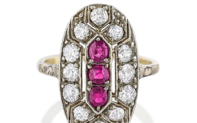 Antique Oblong Ruby and Diamond Ring