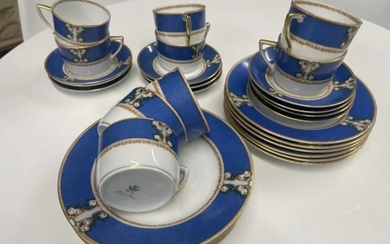 Antique Set of 31 pcs Pirkenhammer Dinner Plates 10" +cups/ Turquoise Gold Porcelain Czechoslovakia