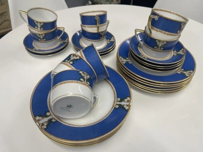 Antique Set of 31 pcs Pirkenhammer Dinner Plates 10" +cups/ Turquoise Gold Porcelain Czechoslovakia