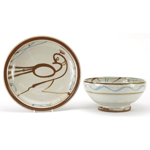 Ara Cardew studio pottery footed bowl and plate hand painted...