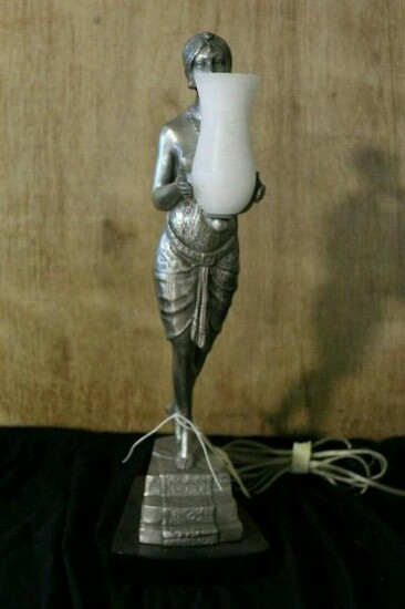 Art Deco Lady Lamp,Silvered Bronze , Alabaster shade